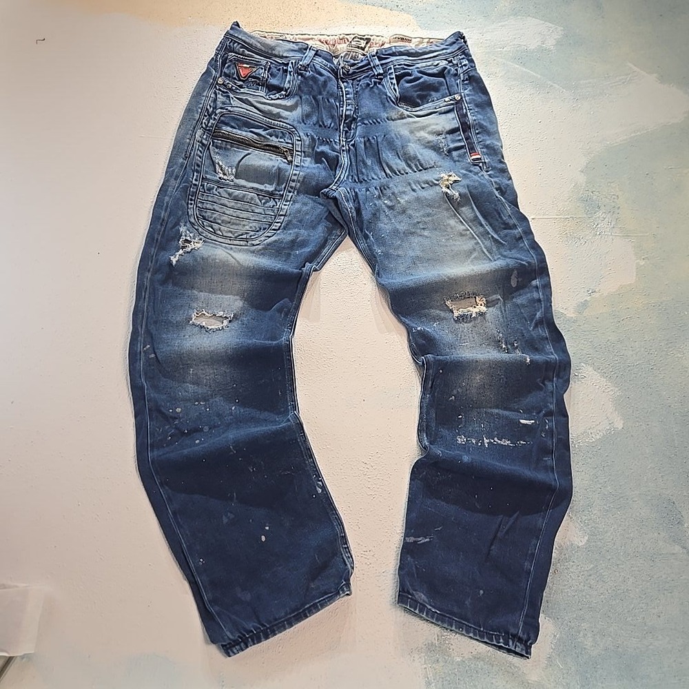 Y2K Avalon Jeans Men 36 Distressed Moto Streetwear Blue Denim Paint Splatter 624